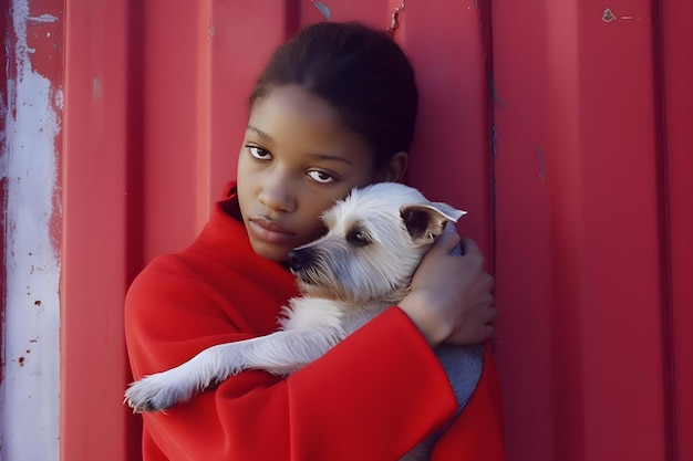 niña y perro en rojo