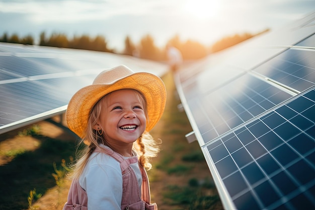 Una niña de pie al lado de un panel solar