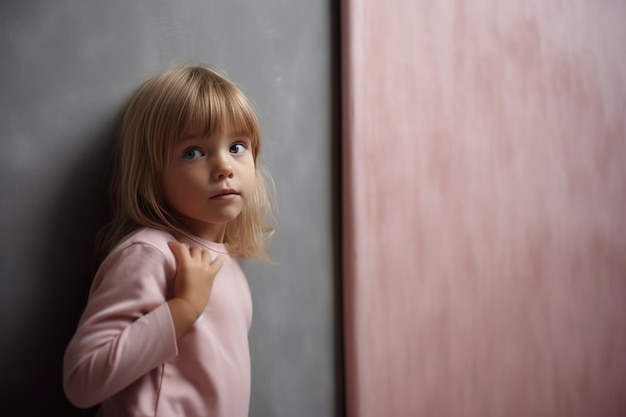 Una niña de pie contra una pared rosa