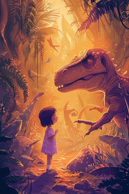 Foto una niña de pie frente a un dinosaurio