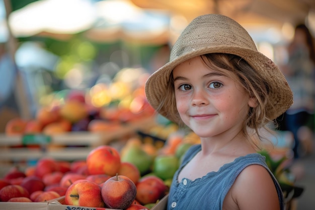 Niña de pie frente a una fruta