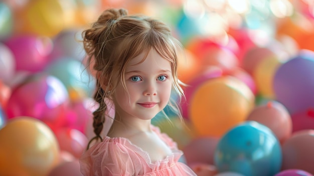 Niña de pie frente a un montón de globos