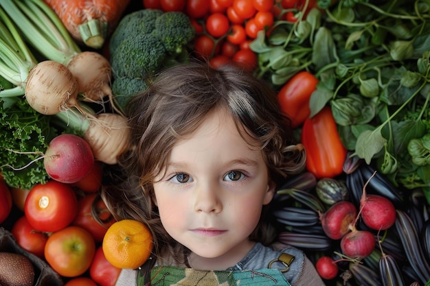 Una niña de pie frente a una pila de frutas y verduras