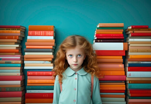 Niña de pie frente a una pila de libros apilados Antecedentes conceptuales de regreso a la escuela