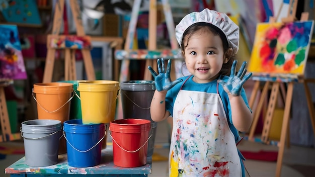 Foto niña de pie junto a los cubos de pintura