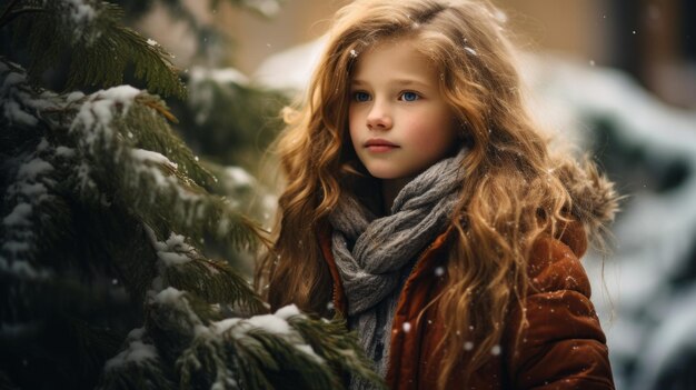 Una niña de pie en la nieve junto a un árbol