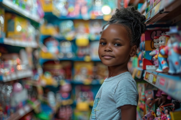 Niña de pie en el pasillo de la tienda de juguetes