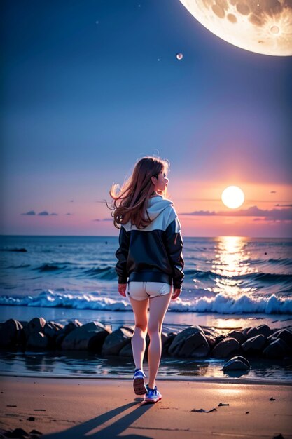 Una niña de pie en una playa mirando la luna.