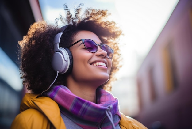 Niña de piel oscura escucha música y disfruta con auriculares en la calle foto de alta calidad