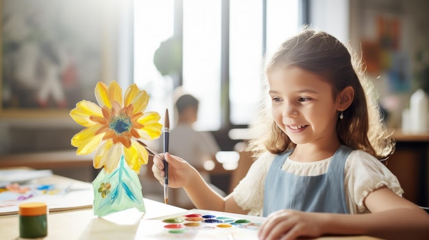 Niña pintando una flor con acrílicos.