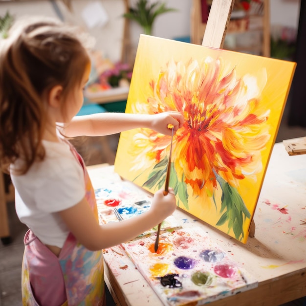 Niña pintando una flor con acrílicos.