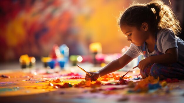 Foto una niña está pintando en el suelo con un pincel.