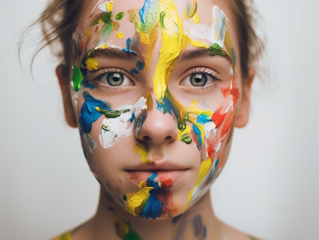 Foto una niña con pintura en la cara está pintada de diferentes colores.