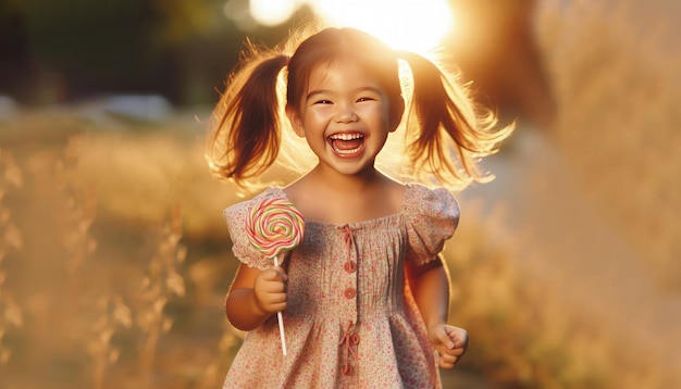 Foto una niña con una piruleta en la boca