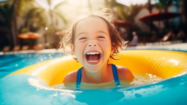 niña en la piscina con anillo inflable