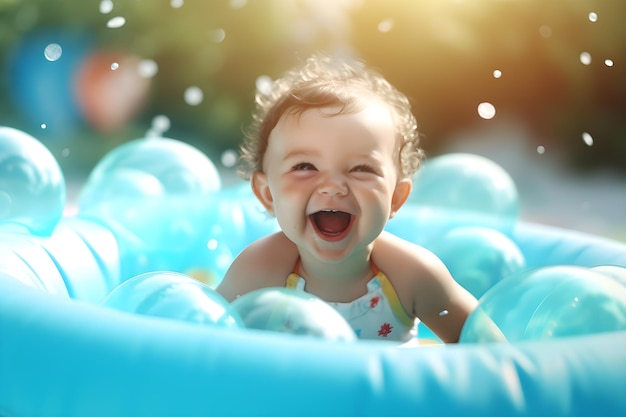 Una niña en una piscina con burbujas azules y amarillas