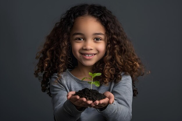 Foto niña con una planta verde en las manos aislada sobre un fondo gris