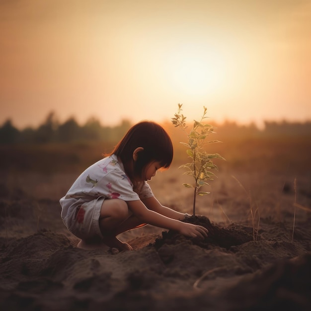 Una niña plantando un árbol en un campo