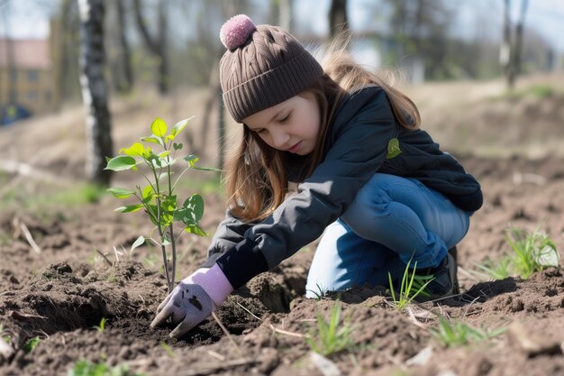 Niña plantando un árbol en primavera El día de la Tierra