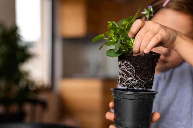 Niña plantar flores en maceta en casa