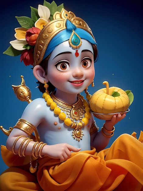 Una niña con un plato de comida y una calabaza Happy Janmashtami IA GENERADA