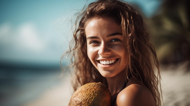 una niña en una playa sosteniendo un coco