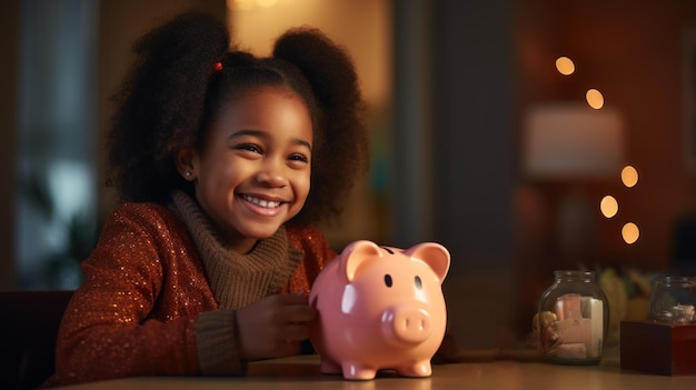 La niña pone dinero en una alcancía con su madre