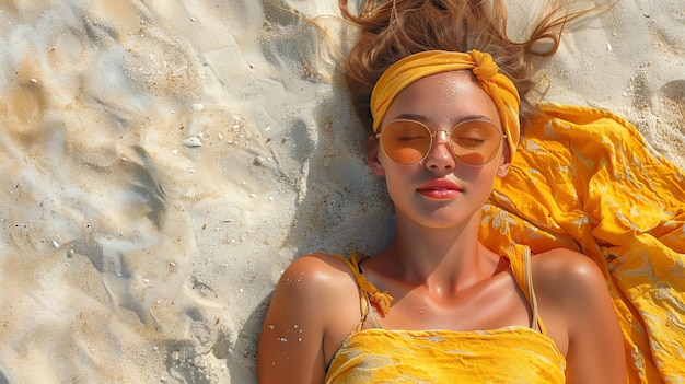 Niña posando en una toalla amarilla mientras toma el sol en una playa de arena blanca en vacaciones