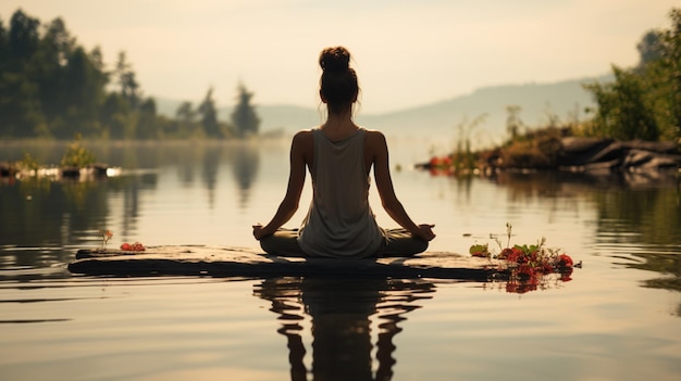 Niña practica yoga en un muelle de madera con vistas al lago y al hermoso paisaje