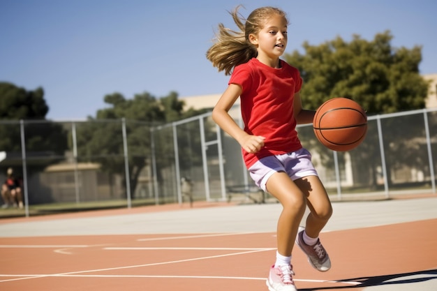 Niña preadolescente driblando la pelota en la cancha deportiva Generada por IA