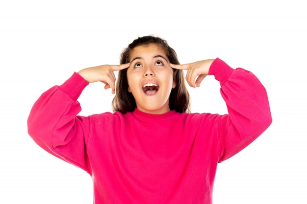 Foto niña preadolescente con sudadera rosa