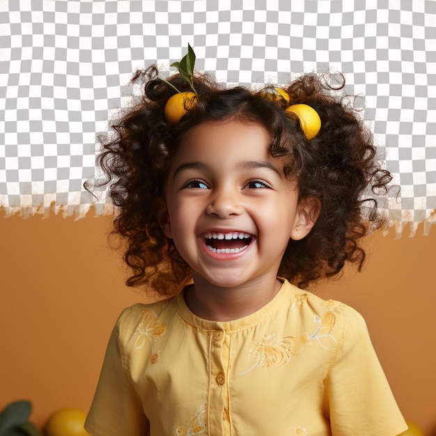 Una niña preescolar extática con cabello rizado de la etnia del sur de Asia vestida con atuendo de entomólogo posa de espaldas a la cámara con estilo de cabeza girada sobre un fondo de limón pastel