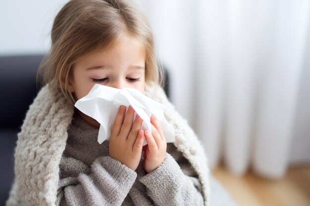 Foto niña preescolar con gripe sonándose la nariz con un pañuelo