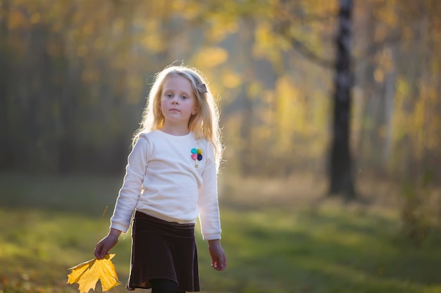 Niña preescolar con hojas de otoño Hermoso bebé en un paseo por el parque