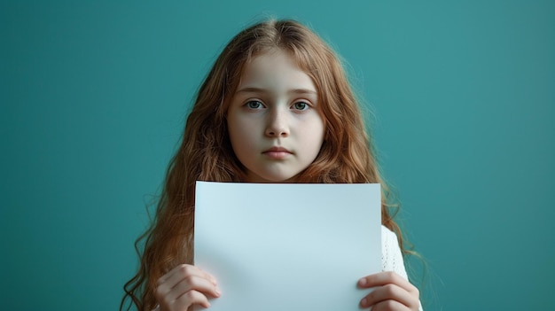 Niña presentando un papel en blanco para un proyecto