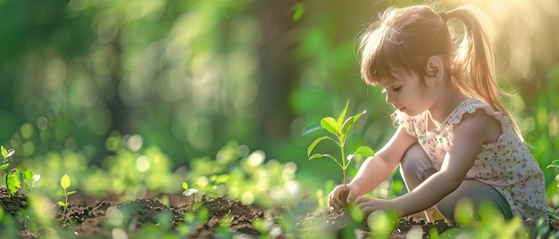 Una niña en la primavera plantando un árbol El día de la Tierra