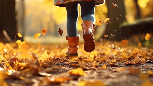 Niña de primer plano piernas corriendo a lo largo del camino en el parque de otoño hojas caída hojas vuelan alrededor