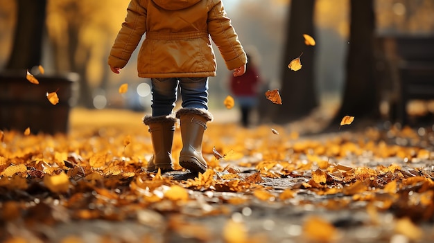 Niña de primer plano piernas corriendo a lo largo del camino en el parque de otoño hojas caída hojas vuelan alrededor