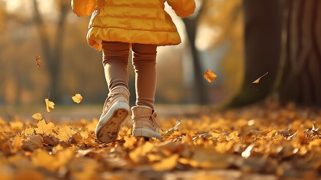 Foto niña de primer plano piernas corriendo a lo largo del camino en el parque de otoño hojas caída hojas vuelan alrededor