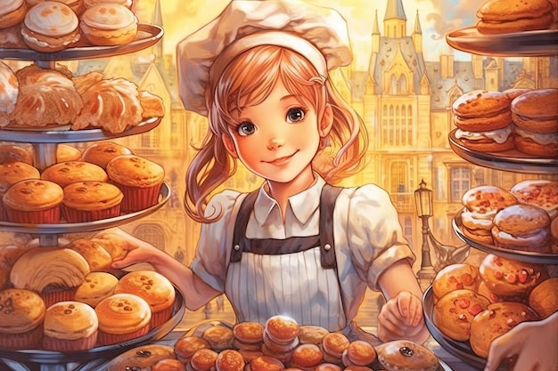 Niña que aspira a convertirse en la mejor pastelera de la ciudad repartiendo felicidad con cada deliciosa creación ilustración generativa ai