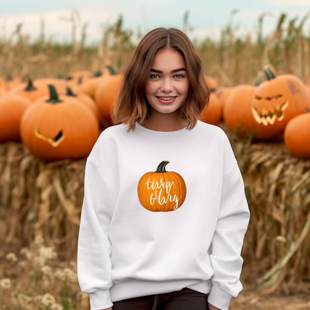 una niña que llevaba un suéter blanco con calabazas