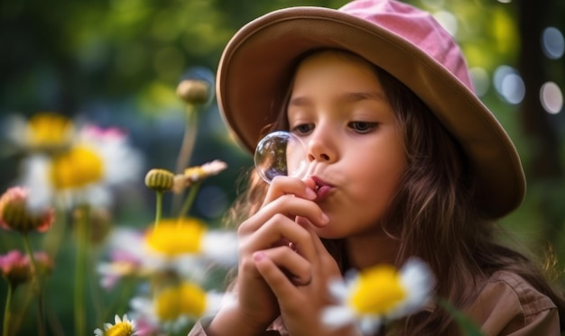 Una niña que sopla sobre un diente de león