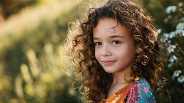 Niña radiante con rizos enmarcados por la luz dorada del sol mientras ofrece una suave sonrisa carismática