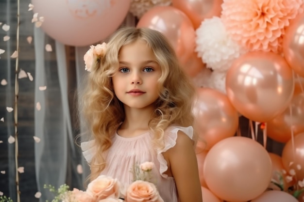 Una niña con un ramo de flores frente a una pared de globos.