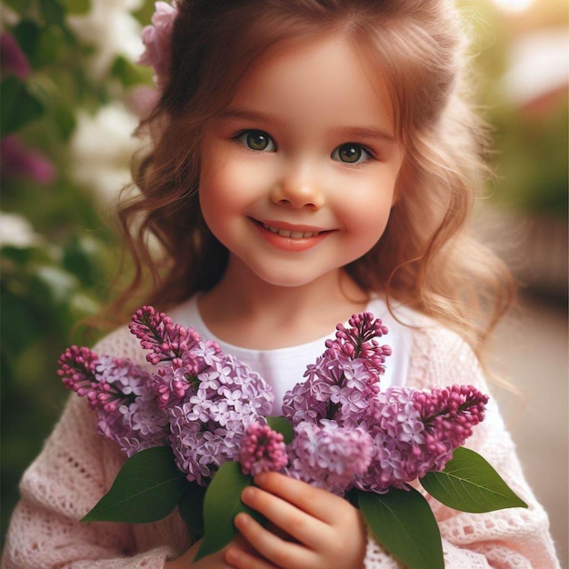 una niña con un ramo de flores púrpuras