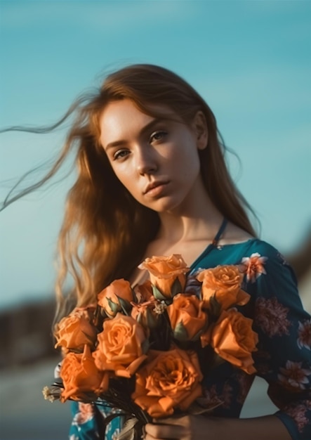 Una niña con un ramo de rosas naranjas.