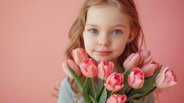 Niña con un ramo de tulipanes sobre un fondo rosa pastel