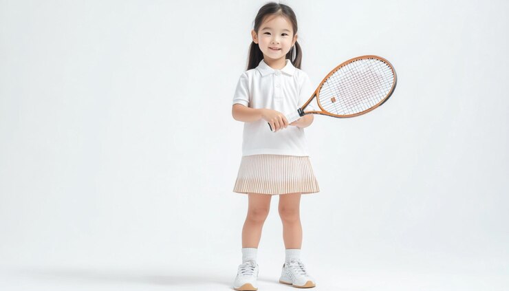 una niña con una raqueta de tenis que dice que la está sosteniendo