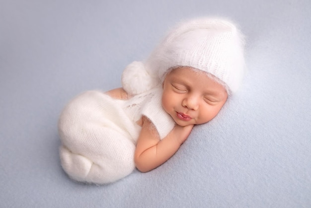 Niña recién nacida dormida en los primeros días de vida con un traje blanco suave con una gorra blanca de lana de punto sobre un fondo azul. Fotografía macro de estudio, retrato de un recién nacido. La felicidad de la mujer.