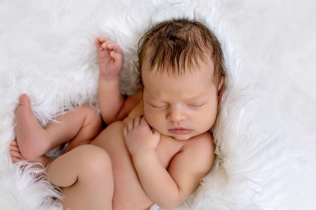 Niña recién nacida dos semanas durmiendo dulcemente en una canasta con piel blanca en el fondo de un piso de madera